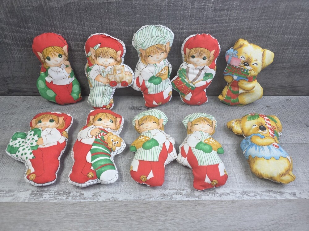 10 Vtg Elves & Puppy Handmade Stuffed Fabric Christmas Ornaments 6" Plush b307